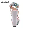 Aneikeh Frauen Keile Sandalen Sommer 2020 Neue Plattform Sandalen High Heels Schuhe Ankle Strap Print Schuhe Damen Sandalen Pumpen 1010