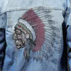 ファッションスリムトラックスーツインディアン刺繍メンズ2PCSジーンズセットスプリングデニムジャケットとリッピングストレッチパンツ秋の男性服