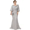 Elegant Silver Silk Satin Lace Mother039s Robes plus taille Mère de la mariée Robes Flare Slabaid Mermaid Wedding Invité 3643456