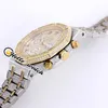 Volledige Iced Out Diamond Watches Pave Two Tone Yellow Gold Arabische cijfers Markers Dial VK Quartz Chronograaf Herenhorloge Sport Hello 303v