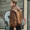 FLAVOR Herren-Echtlederjacke mit abnehmbarer Kapuze, braune Jacke, echtes Leder, warmer Mantel für Männer 201128