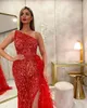 Luxury Red Beaded Mermaid Prom Dresses One Shoulder Neck Sequined Feather Evening Gowns Floor Length Side Split Formal Dress