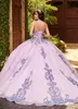 Designer New 2021 Dual Straps Quinceanera Dress Sparkle Sequin Lace Lavender Ball Gown Quince Anos med löstagbara ärmar