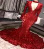 Glitter Red Sequin Mermaid Prom Dresses 2022 For Black Girls V Neck Long Sleeve Plus Size Evening Dress African Nigerian Formal Party Gowns Real Image Robes De Soirée