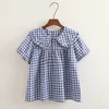 Frauen Plaid Shirt Langarm Frühling Sommer Tops Damen Japanische Mori Mädchen Peter Pan Kragen Nette Baby Puppe Baumwolle Blusen T200321