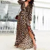 Zanzea Kobiety Sexy Leopard Drukuj Długie Maxi Vestidos Ladies Asymetryczne High Split Ruffles Dresses 2021 Summer Sundress X0521