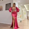 2022 robes De bal rose vif sirène col en V perles manches longues robes De soirée pour les femmes réception porter Robe De