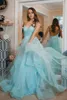 Sexy spalline a forma di U profonda Torna Sparkle Tulle increspature Con crine Bordatura Piano Lunghezza Ice Blue Pageant Prom Dress Evening Gown