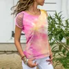 큰 사이즈 여름 여성 넥타이 염료 인쇄 티셔츠 캐주얼 짧은 소매 여자 중공 셔츠 패션 여성 구멍 그라데이션 티 티트 1