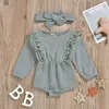 Pasgeboren Kids Baby Meisje Lange Mouw Katoen Linnen Geparde Kant Romper + Hoofdbanden 2pcs / Set Infant Jumpsuit Playsuit Kleding