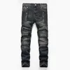 Trendy Düz Bacak Erkek Yığılmış Kot Punk Vintage Biker Fermuar Cep Motosiklet Pantolon Moda Patchwork Erkek Denim Pantolon 201116