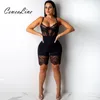 Sexy Lace Hollow out romper Mulheres Spaghetti Strap Club Macacão Curto Jumpsuit Casual Sem Mangas Bodycon Macacões Bodysuit T200704