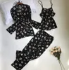SAPJON 2019 Yeni 3 ADET Kadın Pijama Setleri ile Pantolon Seksi Pijama Saten Çiçek Baskı Gecelikler Ipek İmmali Pijama Pijama Y200708