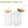 12oz 16oz Sublimationsglas-Bierkrüge mit Bambusdeckel, Strohhalm, DIY, mattiertes, klares Trinkgeschirr, Kaffee, Wein, Milch, Bier, Cola, Saft, kaltes Getränk, handgefertigte Dose