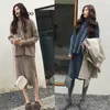 Plus Size 4XL Winter Women Set Long Sleeve V Neck Pullover And Sleeveless Long Split Sweater Dress Solid Warm Knitted Skirt Set 201008