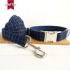 Muttco Leser Grawerowane detaliczne Cool Handmade The Deep Blue Plaid 5 Rozmiary Collar Dog UDC021 LJ201130