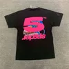 2022 Mannen Vrouwen 1: 1 Kwaliteit Schuimende Druk Spider Web Patroon T-shirt Mode Tees Roze Jonge Thug SP5DER 555555 T-shirt