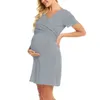 Maternity Nursing Dress Summer Pregnant Dress Cotton V Collar Solid Color Tops Pregnancy T Shirt Dresses for Breast-feeding G220309