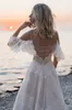 Plaża Suknie ślubne Lace Off Shoulder Backless z Spaghetti Paski Głębokie V-Neck Suknia Ślubna Robe de Plage Boho Bohemian Lorie Romantyczny