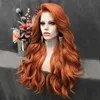 Lång wavy peruk orange röd färg sida del syntetisk spets fram peruk 360 spets frontal peruker för kvinnor cosplay peruk