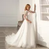 Tulle moderne grande taille une ligne robes de mariée sexy col en V dentelle appliquée Boho jardin robes de mariée avec 3/4 manches longues balayage train réception robe de soirée mariée ppliqued