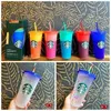 Reutilizável Starbucks Tumbler cor mudando confete copo frio arco-íris palha com tampa plástica copo fl oz