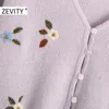 Zevity femmes mode v cou fleur broderie cardigan tricot pull dames à manches longues chandails décontractés chic tops S402 201224