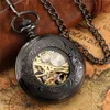 Classic Silver/Black Pocket Watch Men Women Hand-winding Mechanical Watches Hollow Out Flower Case with Pendant Chain reloj de bolsillo