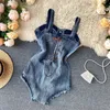 European Summer New Denim Button Sexig Baklösa Övergripande Remsor Kort Hem Tassel Jumpsuits Kvinnor Playsuits Fashion Streetwear 2020 T200704