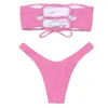 Kadınlar Ayarlanabilir Geri Dantel-up Bandeau Bikini Kapalı Omuz Bikini Set Nervürlü Mayo Kadın Mayo Seksi Pembe Mayo LJ200825