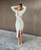 Women's Sexy Hollow Out Cross Lace-up Dress Long Sleeve O-Neck Skinny Solid Color Spliting Hem For Party Clubwear