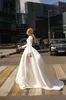 Kuznetcova Anna Satin Wedding Dresses With Beaded Sash V Neck Long Sleeve Reception Sweep Train Bridal Gowns