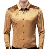メンズグリーンベルベットフローラルドレスシャツ2020真新しいスリムフィット長袖のベロアシャツメンカジュアルボタンダウンシャツ男性カミザLJ200925