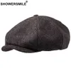 SHOWERSMILE – casquettes de journal en laine pour hommes et femmes, casquettes plates à chevrons grises, café britannique Gatsby, chapeaux en laine pour automne et hiver