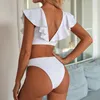 Fırfır Mayo Kadın V Boyun Bikini Seksi Brezilyalı Tanga Bikini Seti Push Up Katı Yüksek Bel Mayo Toka Mayo T200508