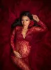 Red Lace Custom Made Maternity Women Dresses V Neck Long Sleeve Sleepwear Robes Party Prom Gowns For Photo Shoot