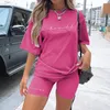 Yoga Outfit Lettre Imprimé Biker Shorts 2 Pièces Ensemble Oversize Pull Tshirt Jogger Ensembles Courts Pour Femmes Survêtement D'été Tenues Sexy