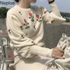 Pulls Femme Neploe Femme Broderie Floral Tricoté Pulls Courts Tops Coréen Chic Pull Femme Lâche Vintage Pull Femme 97602