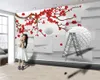 Aangepaste romantische bloemen 3d behang witte drijvende bal en mooi rood pruim 3d muur papier voor woonkamer aangepaste foto