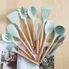 Silicone Cooking Utensils Set Non-Stick Spatula Shovel Wooden Handle Cooking Tools Set With Storage Box Kitchen Tool Accessories