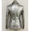 DEAT Autumn Winter Silver Double Breasted Button Outerwear Faux Leather Jacket Women Slim Blazer MG533 201030