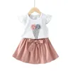 Ensemble de vêtements mignons pour filles, haut à manches volantes et jupe à ceinture, ensemble deux pièces pour bébés filles, tenues d'été décontractées