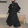 Nerazzurri Inverno Oversized Black Long fofo Faux Fur Trench Coat para Mulheres Raglan Sleeve Cinto Branco Botões Plus Size Moda 201029