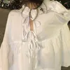 Wiosna Nowe Damskie Topy Rękaw Puff Rękaw Loose Cute Vintage Bow Kobiety Bluzki Koszule Japoński Women Tops