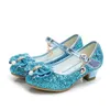 Princess Kids Leather Shoes For Girls Flower Casual Glitter Children High Heel Girls Shoes Butterfly Knot Blue Pink Silver1