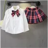 New Arrivals Baby Girls Clothing Sets Kids White Long Sleeve Shirt With Bowtie+Plaid Skirts 2pcs Set Girl Outfits Kids Suit