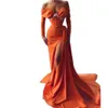 Orange Formal Evening Dresses 2022 Long High Split Mermaid Prom Ruched Bead Robe De Soiree Off Shoulder Party Gowns