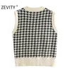 Zevity Women Vintage V Neck Houndstooth Print Knitting Vest Sweater Female Side Split Pullover Chic Leisure Jumper Tops S448 201221