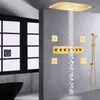 Regenduschsystem aus gebürstetem Gold, 71 x 43 cm, LED-Badezimmer-Multifunktions-Thermostat-Unterputz-Duschmischer, Handbrause-Set