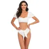 ZL0498 Sexy Set Women Line Neck Puff Sleeve High Waist Tie Bikini Split Swimsuit Lady Three-Point Swimwear Female Biquini Girl Summer Swimming Suit Lingerie